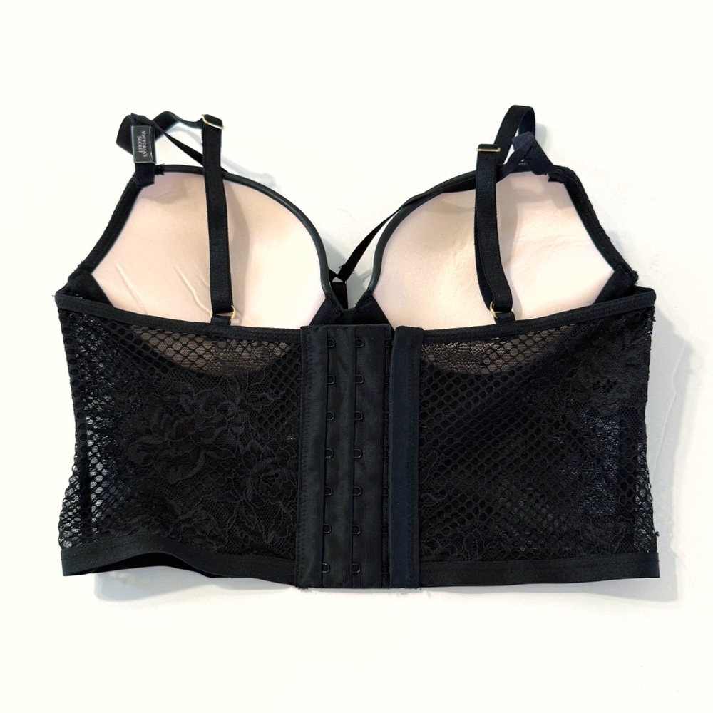 VICTORIAS SECRET BLACK LEATHER FISHNET MESH VERY SEXY PUSH-UP CORSET BUSTIER BRA - Picture 2 of 10
